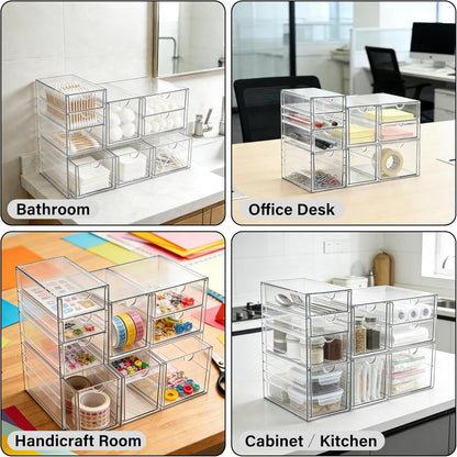 Prsildan Acrylic Drawer Makeup Organizer with 6 Drawers (Not for Baby Bottle), Set of 2 Office Desk Organizers Accessories, Clear Stackable Storage Drawers for Vanity, Craft (Largest Drawer 4" Tall)