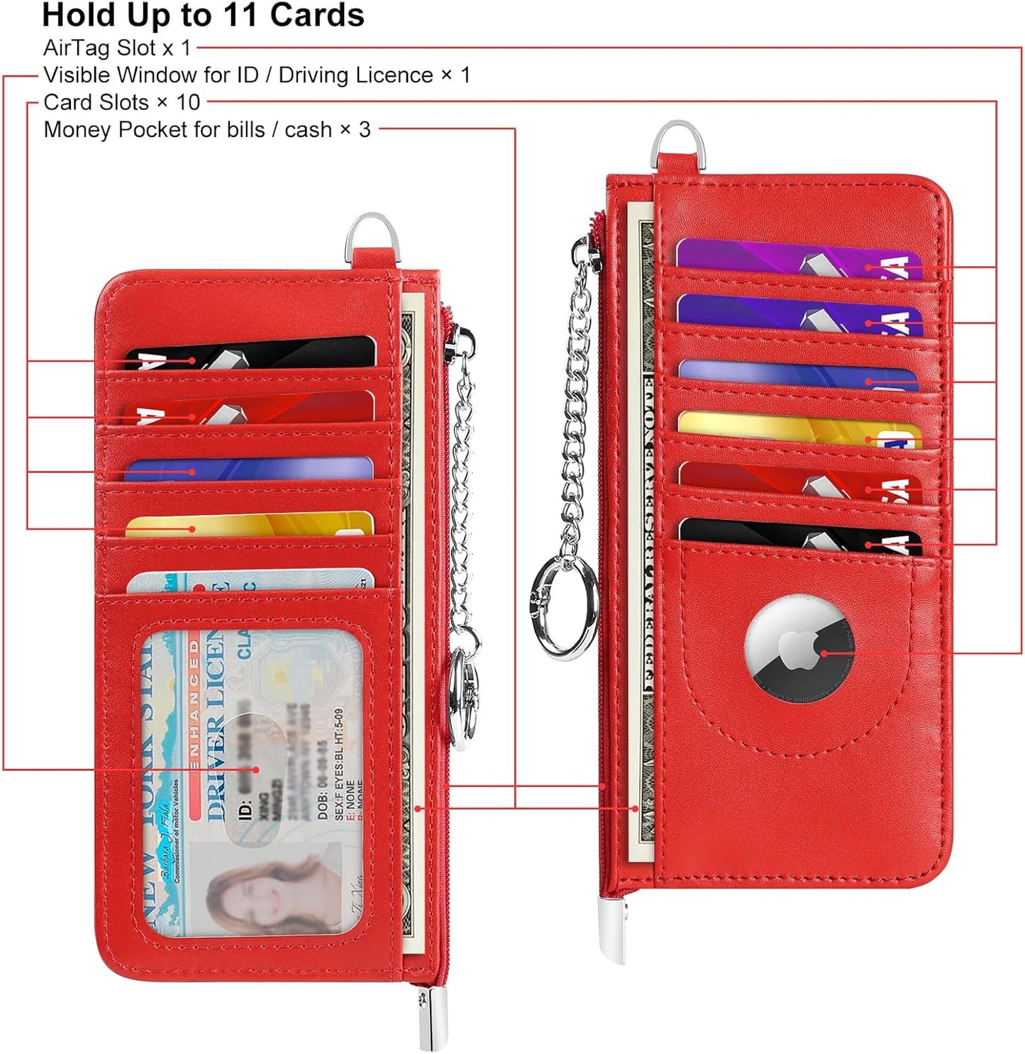 RFID Blocking Slim Credit Card Holder Wallet with Zipper Money Pocket & Keychain, Slim Airtag Wallet for Men Women