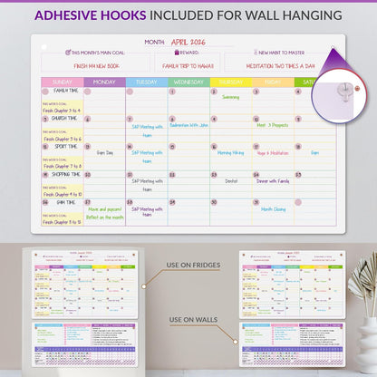 Magnetic Whiteboard for Fridge - Large Dry Erase Calendar for Wall | 2 Magnetic Dry Erase Board 10.5" x 16.5" & 7" x 16.5", Monthly Goal Setting & Habit Tracker, 5 Markers and 6 Adhesive Hooks