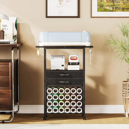 VENNQD Organizer and Storage Stand Compatible with Cricut Machines,Rolling Storage Cart/Shelf with 24 Vinyl Roll Holders，2 Fabric Drawer,Accessories Holder,Tool Hook for Craft Room Home (white)