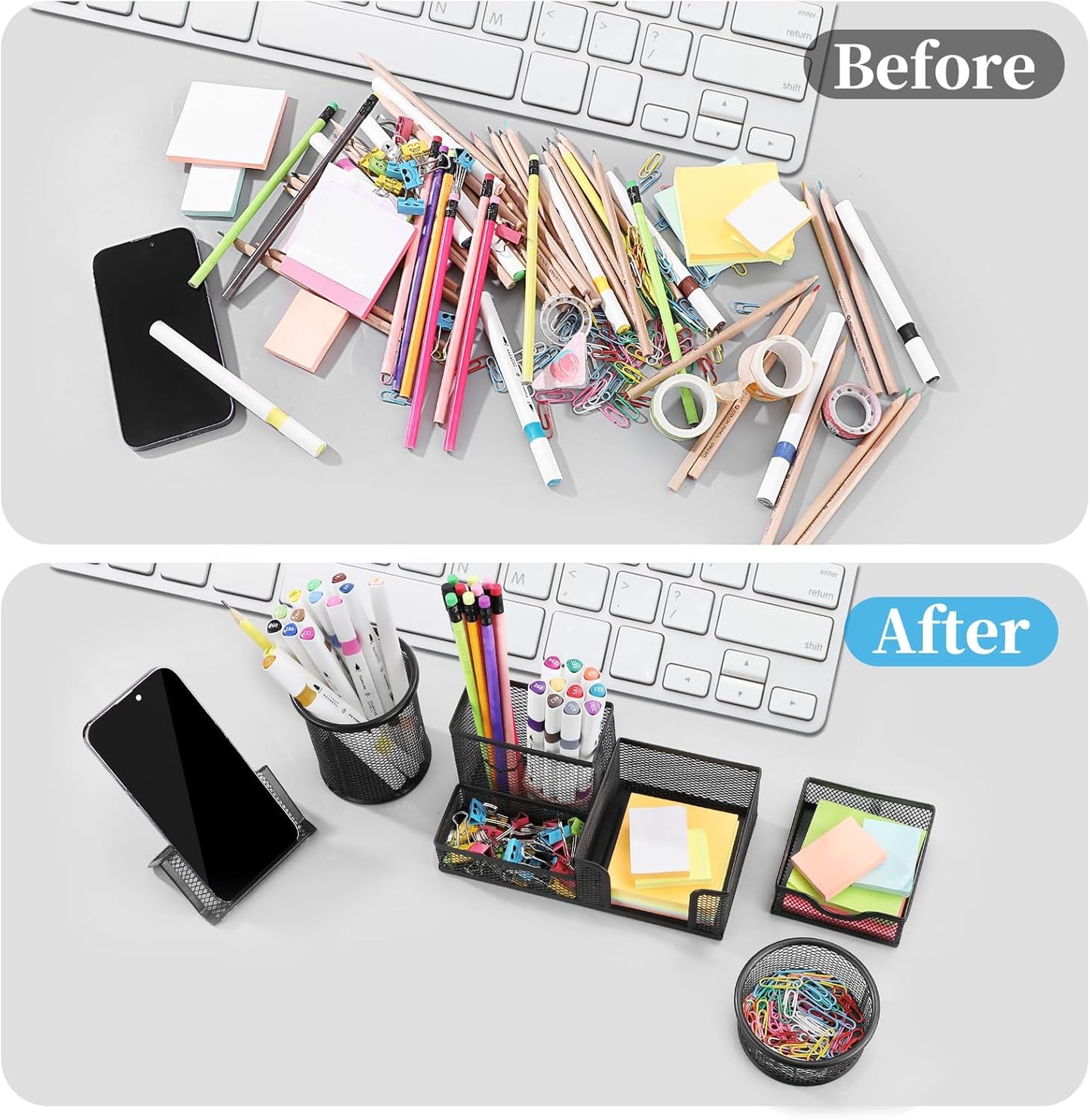 2-Piece Desk Pen & Pencil Organizer - Mesh Metal Pen Cup with Sticky Notes Holder, Black | Pen Cup