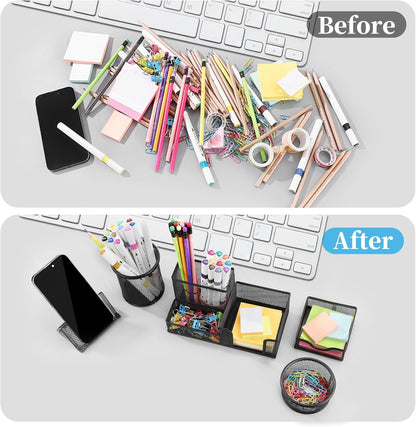2-Piece Desk Pen & Pencil Organizer - Mesh Metal Pen Cup with Sticky Notes Holder, Black | Pen Cup