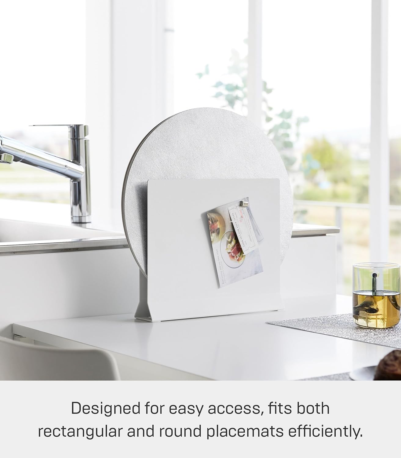 Yamazaki 1999 Placemat Stand, White, Approx. W11.8 x D2.6 x H10.4 inches (30 x 6.5 x 26.5 cm), Tower Placemat Storage, Tray Storage, Round Compatible