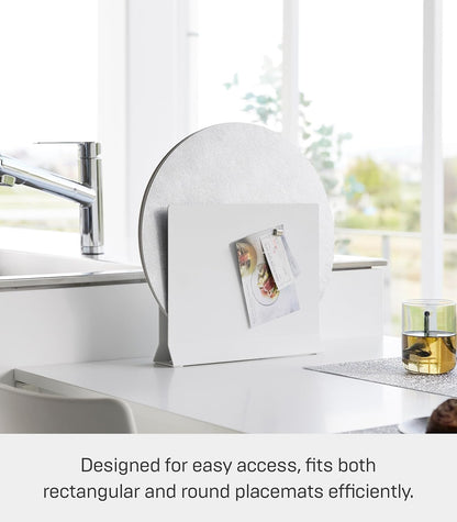 Yamazaki 1999 Placemat Stand, White, Approx. W11.8 x D2.6 x H10.4 inches (30 x 6.5 x 26.5 cm), Tower Placemat Storage, Tray Storage, Round Compatible