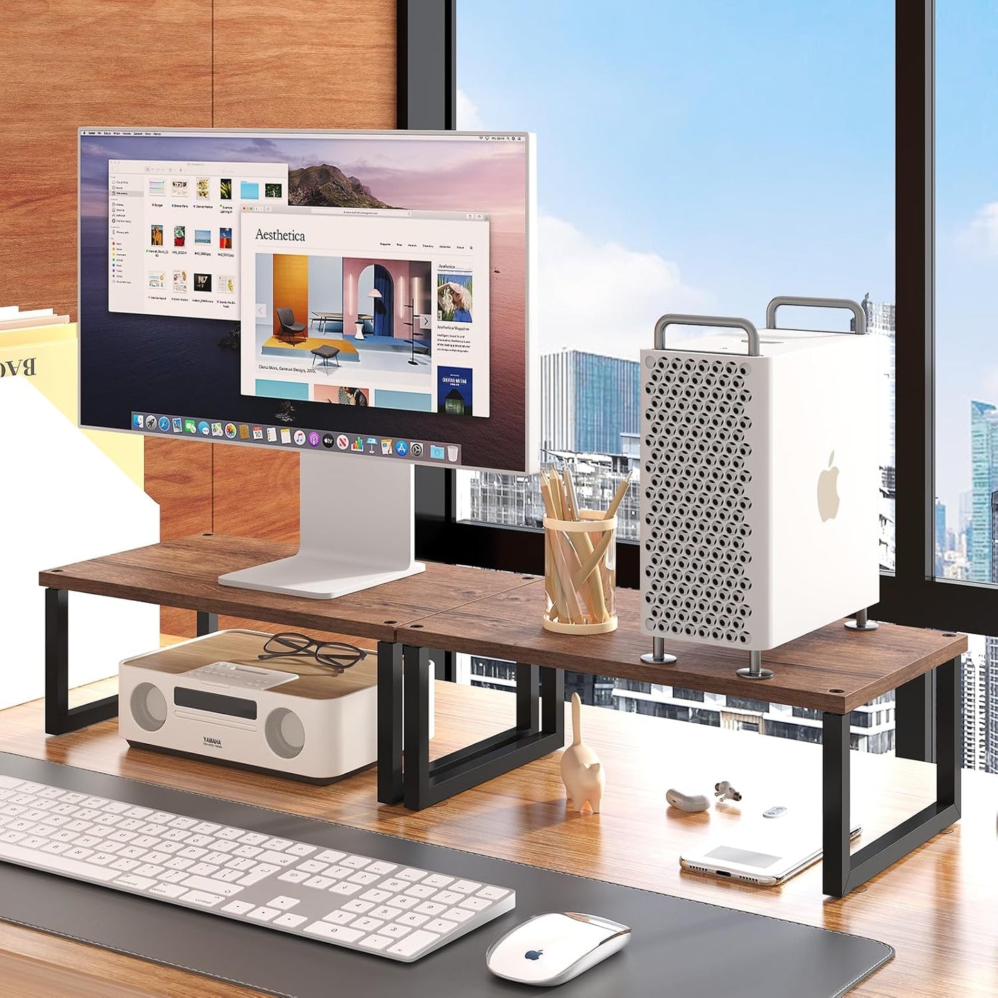 Simple Trending Wood Monitor Stand Riser with Drawer and Pen Holder, Desk Organizer for Home Office, Black