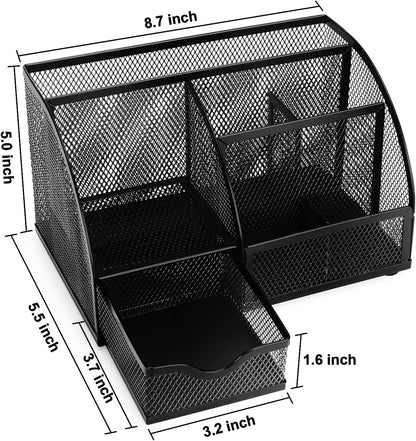 Comix 360° Rotating Pen Holder for Desk, 5 Compartments Office Desk Organizer, Black Mesh Metal Pencil Holder Cup for Office Home School