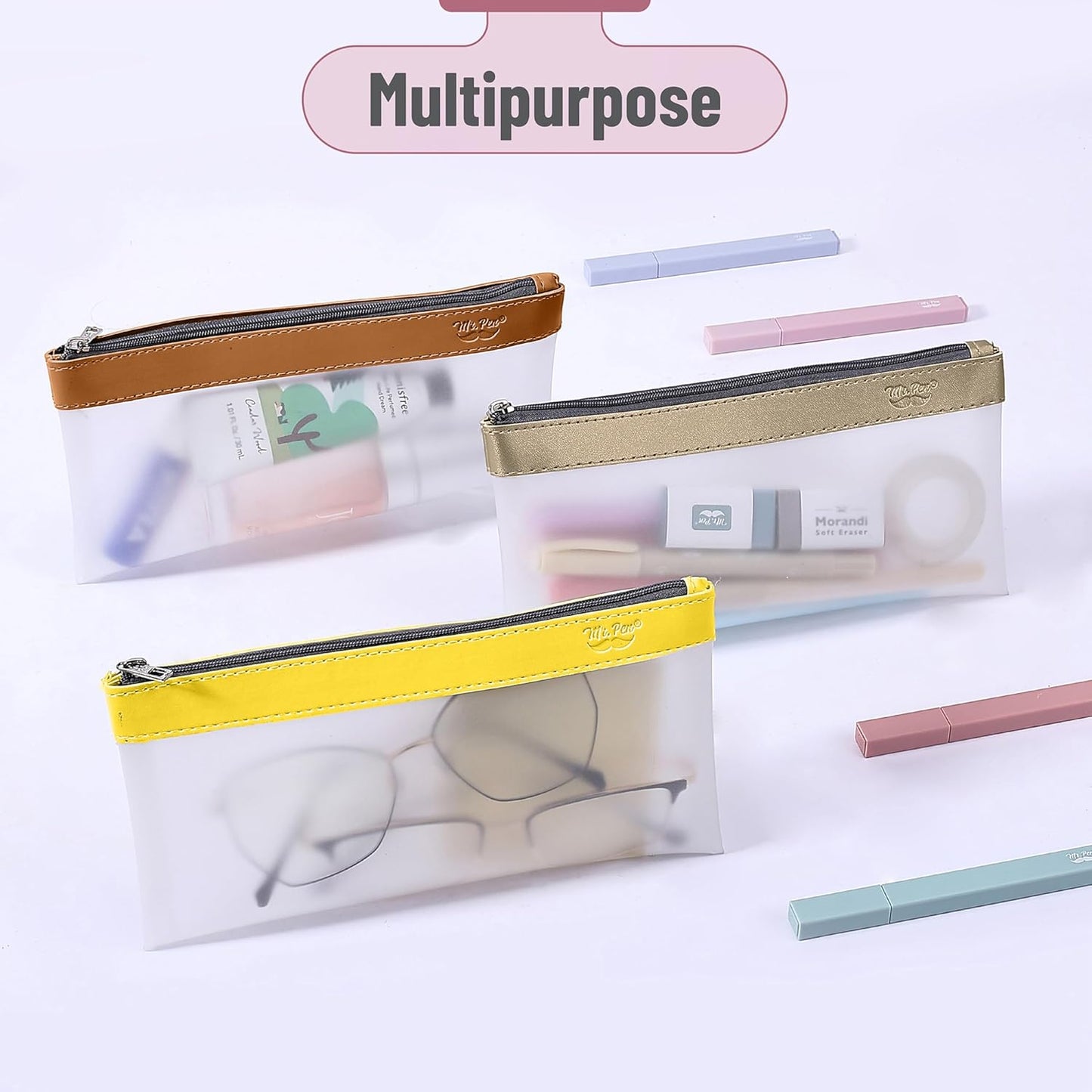 Mr. Pen- Clear Pencil Pouch, 8.50"x4.25", 3 Pack, Durable TPU Material, Medium Water-Resistant Pencil Bags with Smooth Zipper, Multipurpose Clear Pouch for Stationery, School, Office, Travel Supplies