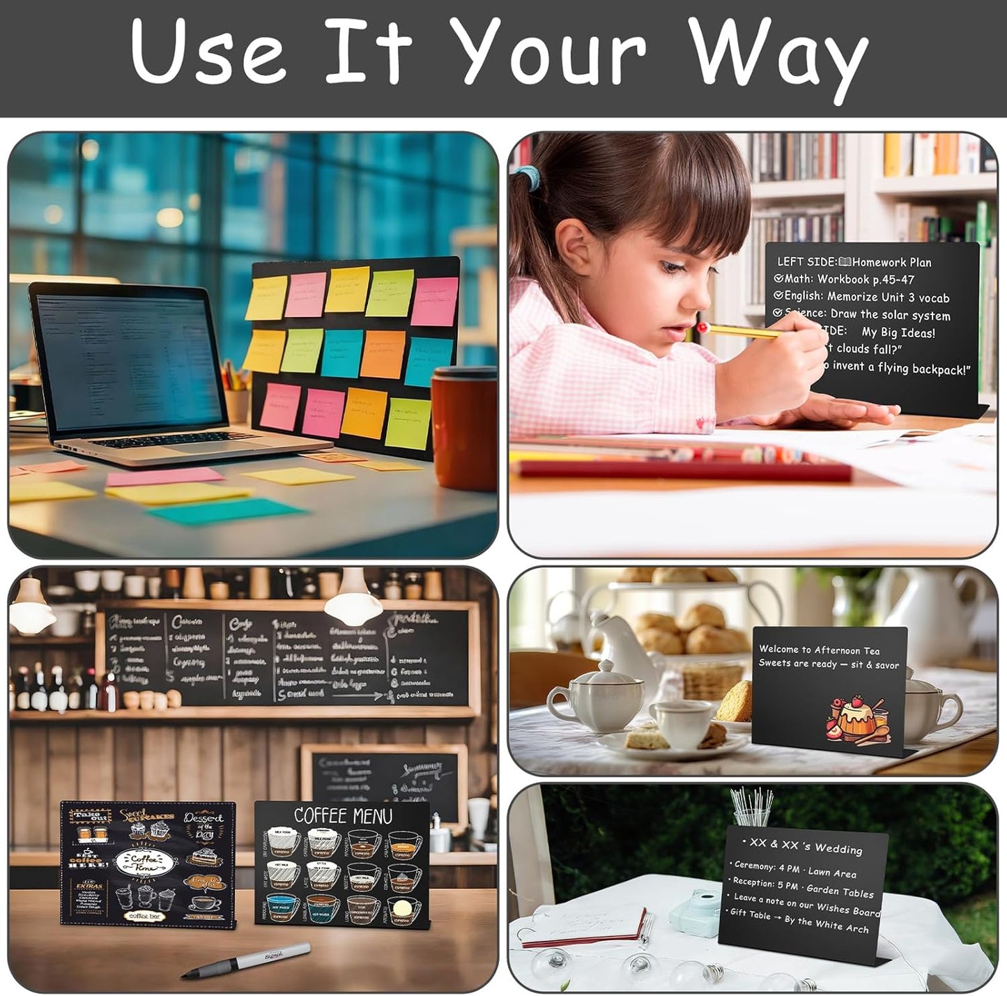 Geyoga 2 Pack Magnetic Bulletin Board with Stand, 16 x 12 Inch Black Magnet Display Board for Memo, Menu, Notes, Photos, for Kitchen Countertop, Office Desk, School