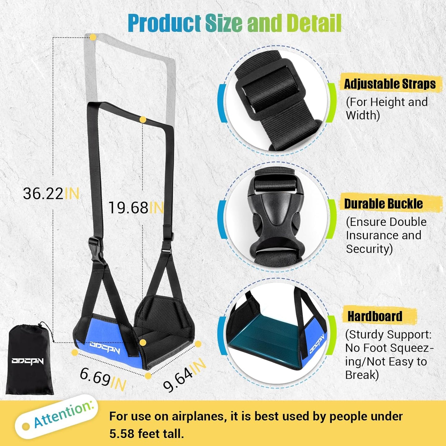 2-Pack Foot Hammock for Plane Travel, No Collapse Thickened Bamboo Airplane Foot Rest with Extended Adjustment Strap, Portable Desk Foot Hammock to Relax Your Feet, Foot Sling Travel Essentials(Black)