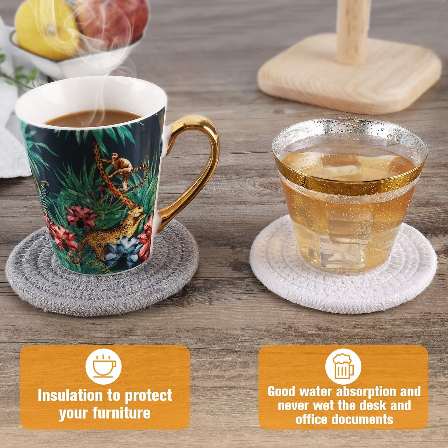 ABenkle 8 Pcs Drink Coasters with Holder, Cotton Woven Absorbent Coasters for Drinks, Minimalist Home Decor Coaster Set for Wooden Tabletop Protection Table, 4.3 inches Mixed Brown