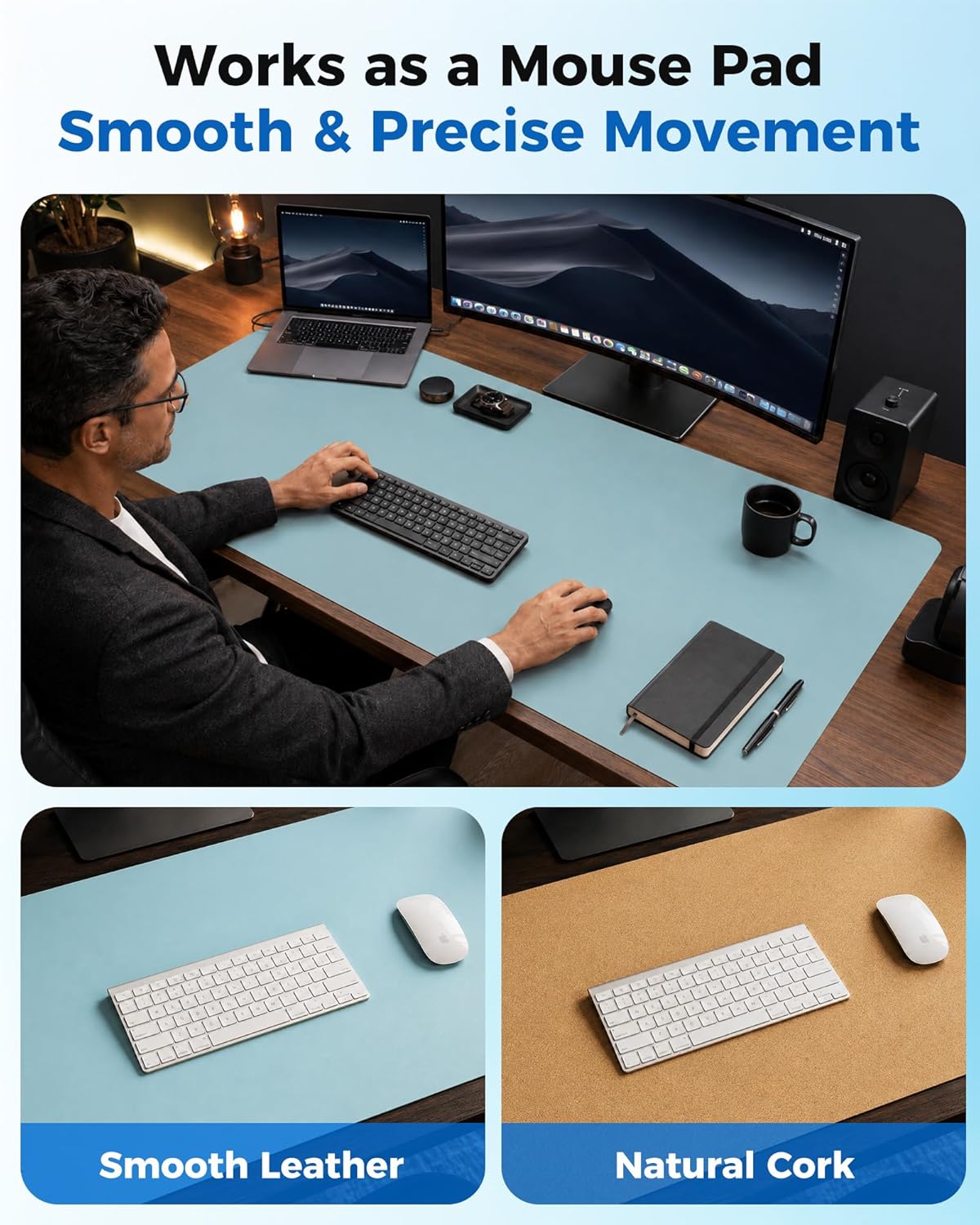 Aothia Dual-Sided Desk Pad - 25.6x13.7 inches Leather Desk Mat, Natural Cork Desk Pad Protector, Large Mouse Pad for Desk, Waterproof Desk Blotter Pad, Desk Writing Pad for Office Work/Home, Black