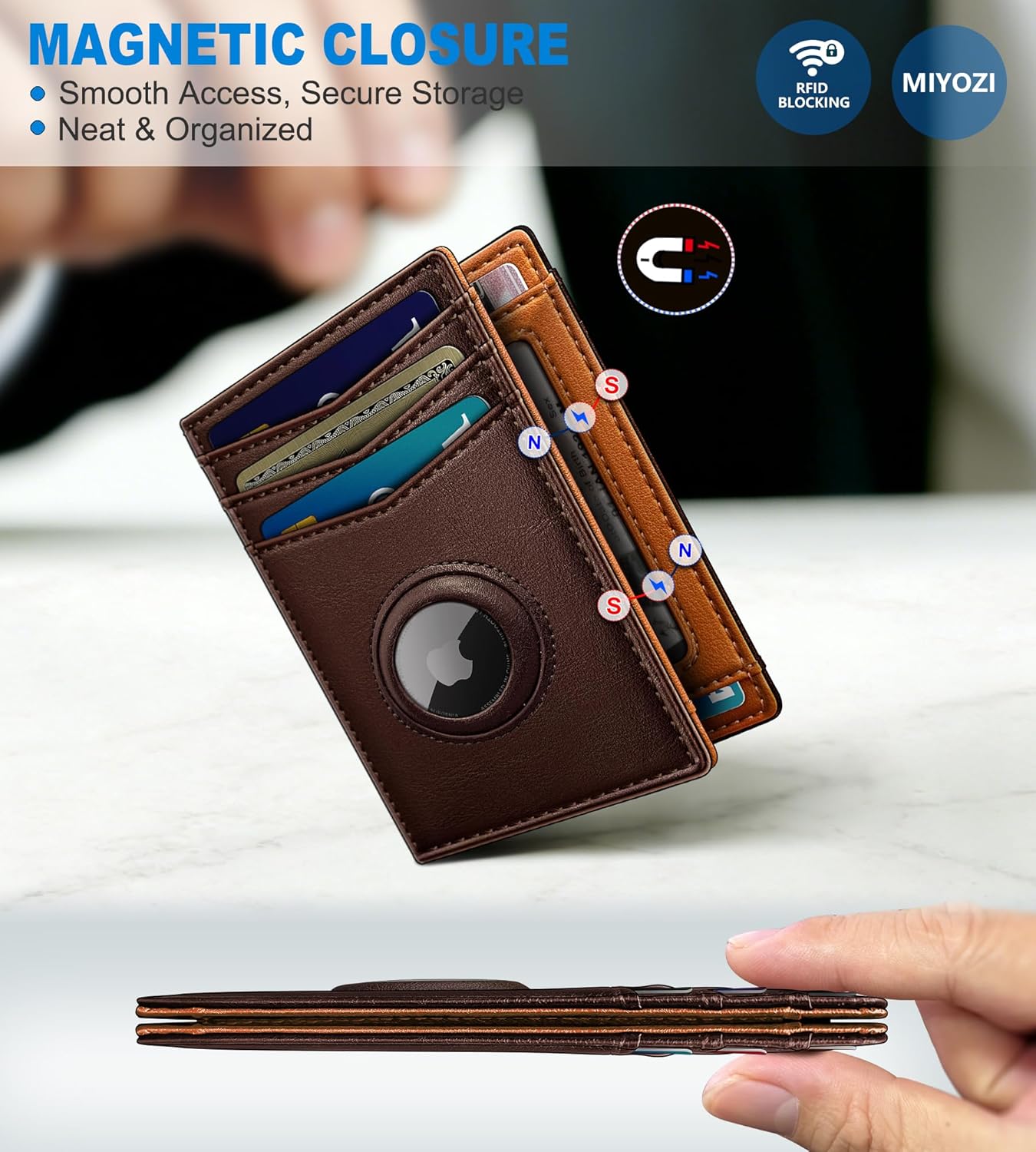 miyozi Airtag Slim Leather Wallet for Men - 12-Card Capacity, Magnetic Closure, Money Clip & Simplified Bill Compartment, RFID Blocking (4.3" x 3.0") | Gift Boxed