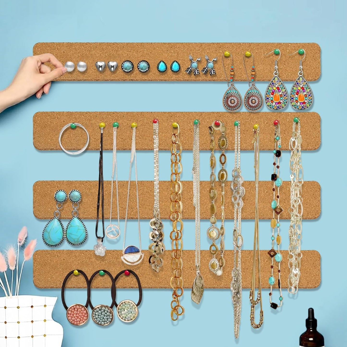 6 Pack Corkboard Strips for Walls, Self Adhesive Thick Cork Board Strips, Peel and Stick Cork Board with 50 Push Pins for Paste Notes, Photos, Schedules
