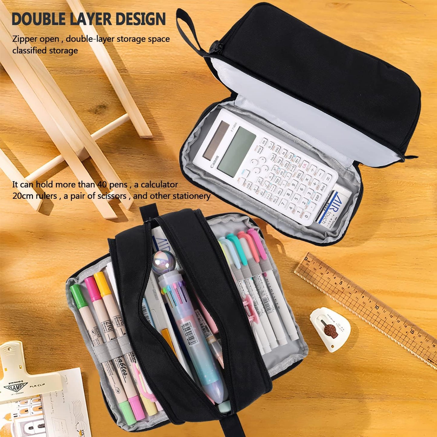 MAMUNU Large Capacity Pencil Case 4 Compartments, Pencil Pouch Bag with Zipper Portable Handle, Pen Case Bag Stationery Organizer for Office College School Adults Teen Girls Boys Men Women, Black