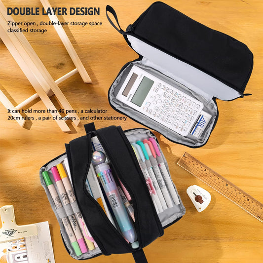 MAMUNU Large Capacity Pencil Case 4 Compartments, Pencil Pouch Bag with Zipper Portable Handle, Pen Case Bag Stationery Organizer for Office College School Adults Teen Girls Boys Men Women, Black