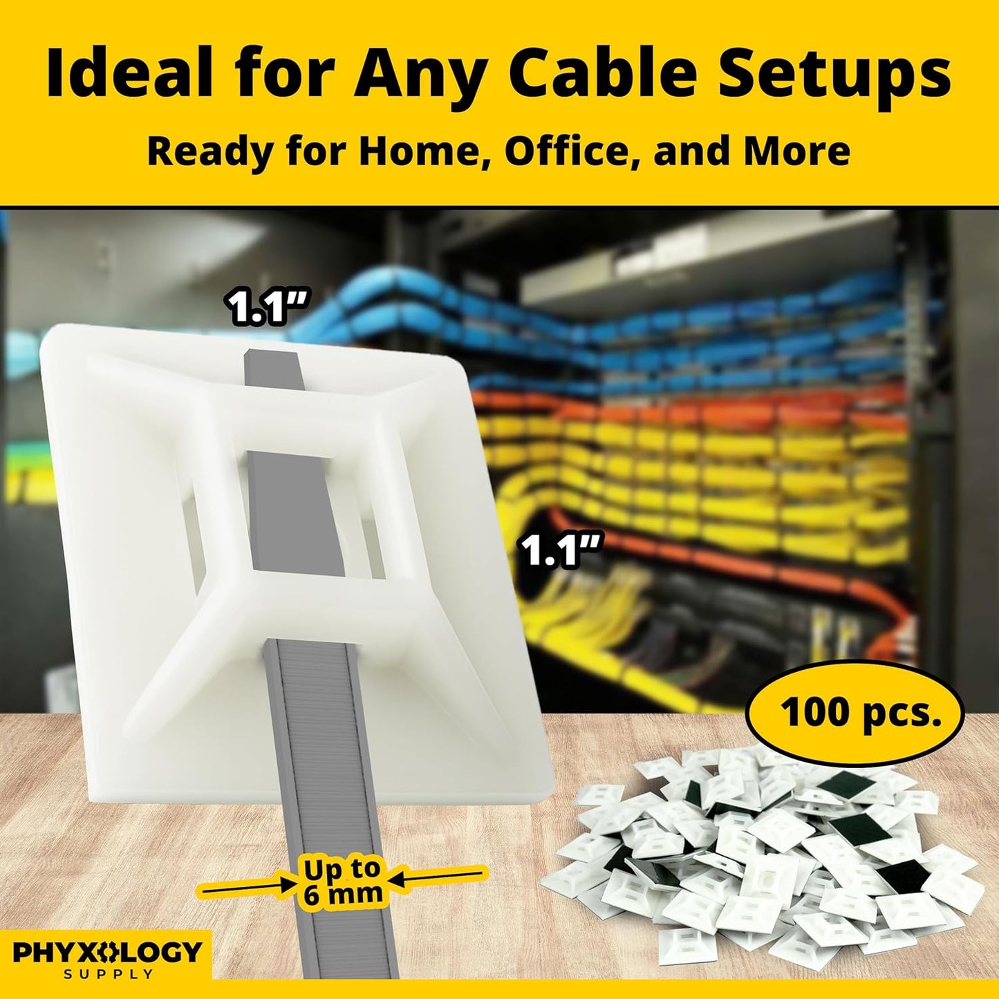 Large, Premium Zip Tie Adhesive-Backed Mounts 100 Pk by Phyxology Supply. Pro-Grade, UV White Cable Tie Bases: 1.1 in x 1.1 in. Screw-Hole Anchor Point Gives High-Strength Durability for Long-Term Use