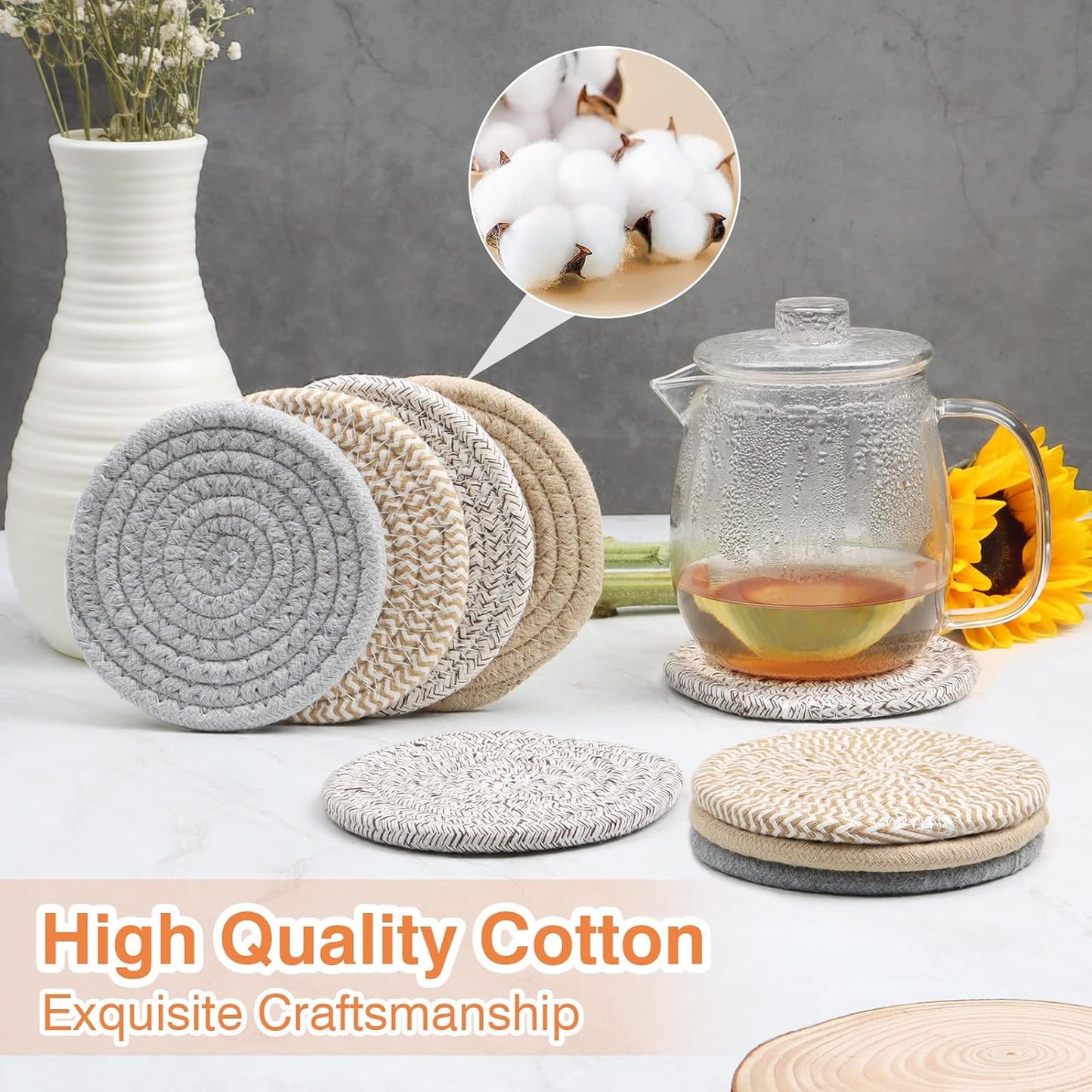 4.8" Drink Cotton Coasters Set of 2 – Boho Woven Drink Pads for Coffee & Tea, Neutral Sandstone Blend Fabric Cup Mats for Desk, Table, Nightstand, Dorm, Giftable Absorbent Coaster Set (Latte)