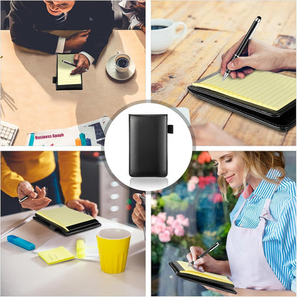 Outus 10 Pcs Mini Pocket Notepad Holder Set Included Small Leather Pocket Notebook Holder with 50 Lined Sheets, Metal Pen, 8 Pcs 3 x 5 Inch Memo Book Refills, 30 Lined Paper Per Note Pad (Black)