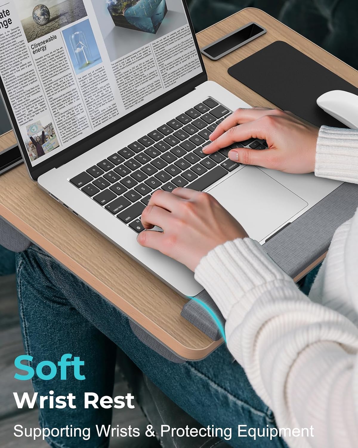Potuopy Lap Desk - Up to 17” Laptop Tray with Wrist Rest, Portable Handle, Fixed Mouse Pad, Tablet & Phone Slots, Laptop Lap Desk with Cushion (Dark Brown)