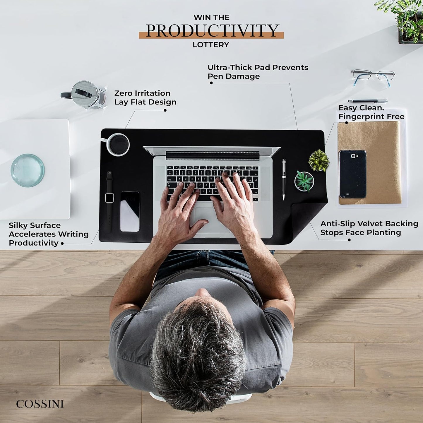 Cossini XL Desk Pad - Large Vegan Leather Desk Mat (17 x 36) - Buttery Smooth Writing, Damage Blocking, Non-Slip, Waterproof - Home Office Computer Desk Protector Blotter Laptop Keyboard Mouse Pad