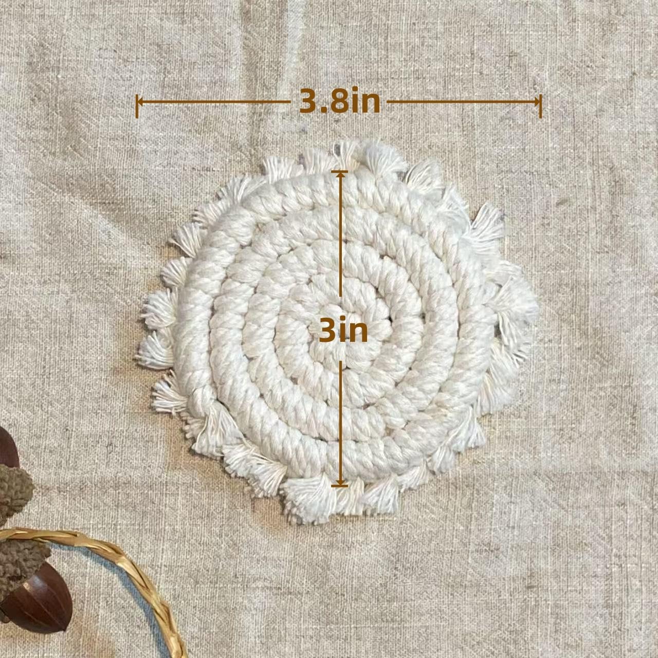 7.4in Boho Coasters for Drinks, Handmade Woven Absorbent Coasters for Desk, Farmhouse Cute Coaster for Mugs Cups - Gifts for Women, Beige