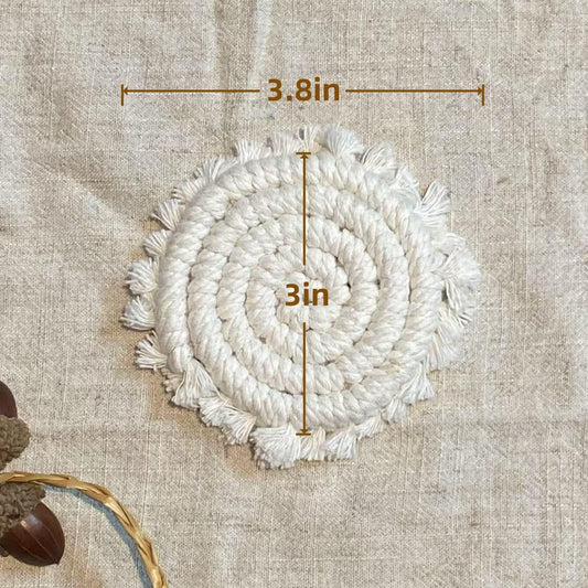 7.4in Boho Coasters for Drinks, Handmade Woven Absorbent Coasters for Desk, Farmhouse Cute Coaster for Mugs Cups - Gifts for Women, Beige