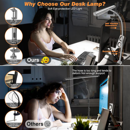 Airlonv LED Desk Lamp for Office Home, Eye-Caring Desk Light with Stepless Dimming Adjustable Flexible Gooseneck, 10W USB Adapter Desk Lamp with Clamp for Reading, Study, Workbench (Black)