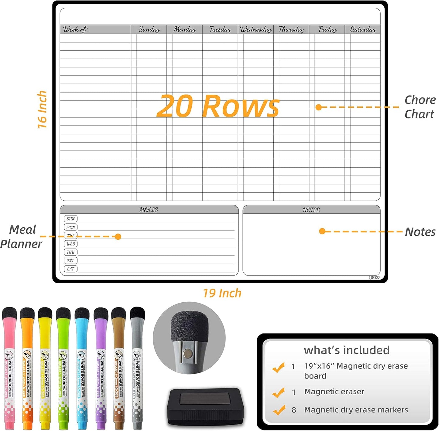 JJPRO Magnetic Dry Erase Chore Chart for Adults:Large Whiteboard16 x19-Chore Chart,Calendar,Meal Board Notes All-in-One,Behavior Chart,Teenagers,White