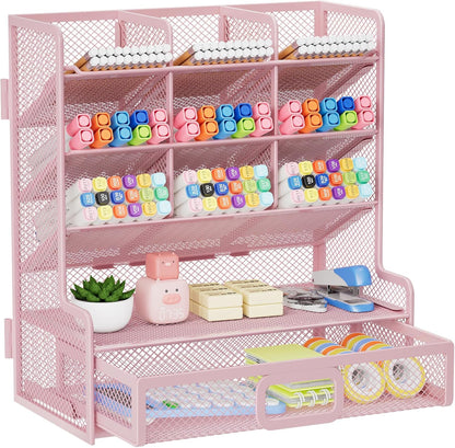 Marbrasse Larger Mesh Desk Organizer with Drawer, Multi-Functional Pen Pencil Holder, Easy Assembly, Desk Organizers and Accessories for Office Art Supplies (Black)