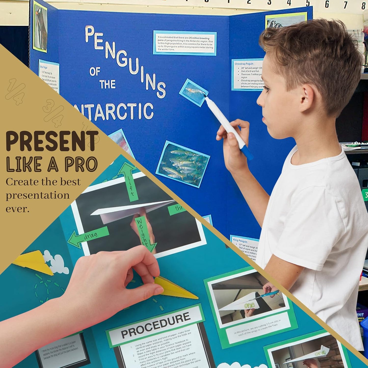 Trifold Poster Board 36" x 48" White Presentation Board - Self-Adhesive Science Subtitles Included - Science Fair Display Boards, for School, Fun Projects and Business Presentations - by Emraw