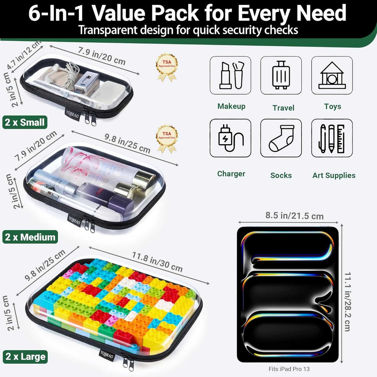 YQBRAO 6 Pack Clear Hard Shell Zipper Case, 1.2mm Heavy Duty Crush-Proof Diaper Bag Organizer Pouches, TSA Approved Travel Makeup Bag for Toiletries & Electronics, (2L, 2M, 2S) Multi-Size Storage Set