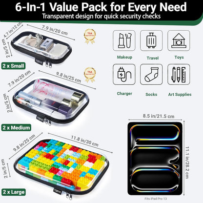 YQBRAO 6 Pack Clear Hard Shell Zipper Case, 1.2mm Heavy Duty Crush-Proof Diaper Bag Organizer Pouches, TSA Approved Travel Makeup Bag for Toiletries & Electronics, (2L, 2M, 2S) Multi-Size Storage Set