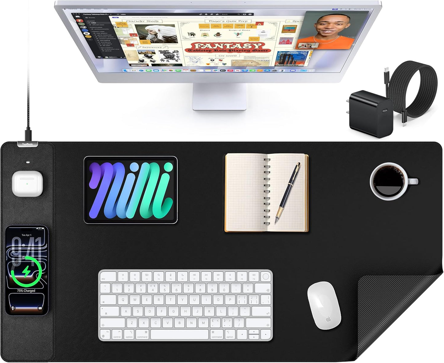 TopMade Mouse Pad with 15W Wireless Charging, XXL Large Leather Desk Mat, Waterproof Gaming Mousepad Home Office Desk Pad Protector, Computer Keyboard Pad, Mouse Mat for MacBook, PC, Laptop, Black