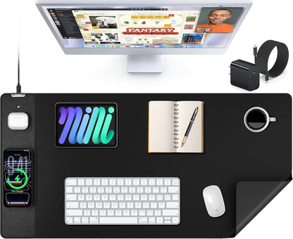 TopMade Mouse Pad with 15W Wireless Charging, XXL Large Leather Desk Mat, Waterproof Gaming Mousepad Home Office Desk Pad Protector, Computer Keyboard Pad, Mouse Mat for MacBook, PC, Laptop, Black