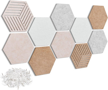 10 Pack Hexagon Cork Board Tiles Alternative, 12'' Fully Self-Adhesive Modern Felt Bulletin for Wall Decor, Frameless Pin Board for Office, Renter-Friendly Decorative Hexagon Corkboard with 30 Pins