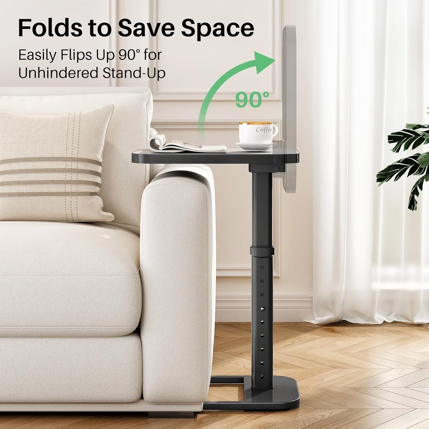 Kitstorack TV Tray Table, Adjustable Height & Flip-Top & Rounded Metal Corners, Snack Table for Couch, Sofa, Bed, Chair, Living Room, C Shaped End Side Table for Eating, Dinner or Laptop, Small Spaces