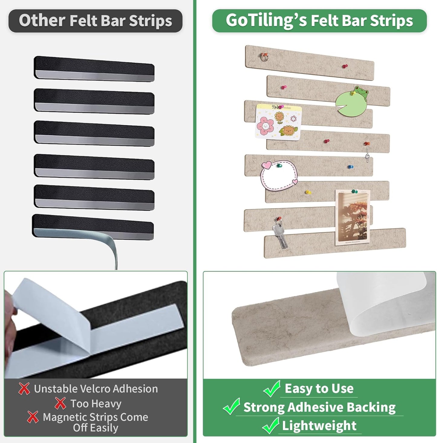 Cork Board for Walls - 8 Pack Felt Pin Board Bar Strips - Self-Adhesive Lightweight Bulletin Board - Cork Board for Office with 40 Push Pins No Damage for Wall