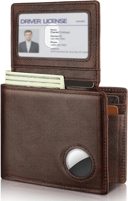 Mens Wallet With AirTag Holder, Bifold Leather RFID Blocking 1-2 ID Windows 12-13 Card Holders, Gift Box and Screen Protector Included, AirTag Not Included