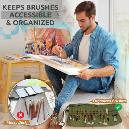 DUGATO 30-Slot Roll-Up Paint Brush Holder, Premium Canvas Brush Organizer for Artists, Washable Travel Brush Case for Watercolor, Acrylic, Pens & Art Supplies (Army Green) - Brushes not Included