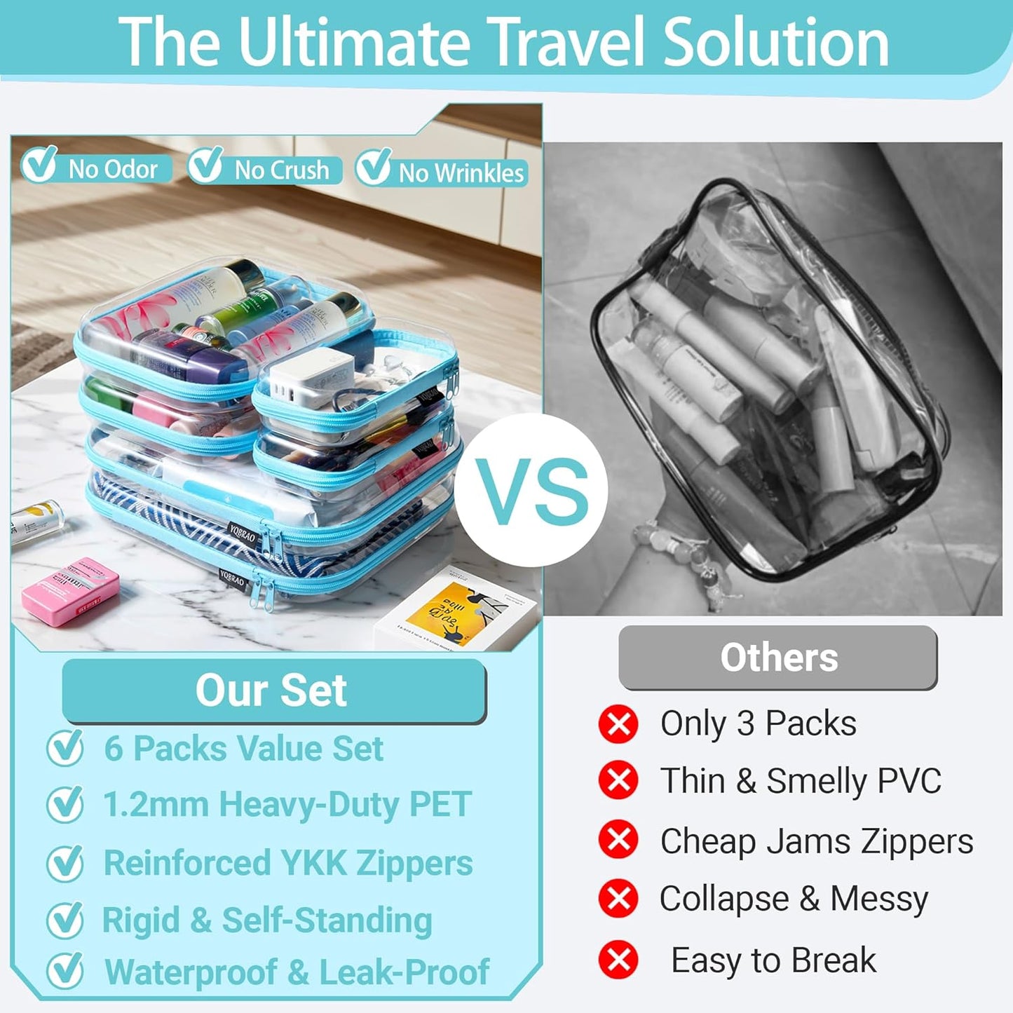 YQBRAO 6 Pack Clear Hard Shell Zipper Case, 1.2mm Heavy Duty Crush-Proof Diaper Bag Organizer Pouches, TSA Approved Travel Makeup Bag for Toiletries & Electronics, (2L, 2M, 2S) Multi-Size Storage Set