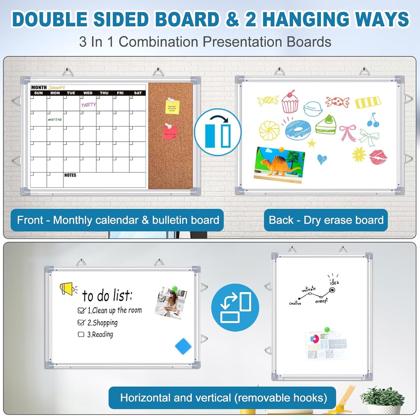 Weekly Planner Whiteboard, Weekly Dry Erase Board for Wall 16" x 12", Double-Sided Weekly Calendar Whiteboard with Pen Tray & Hook, Hanging Writing Schedule Board for Home, School, Office