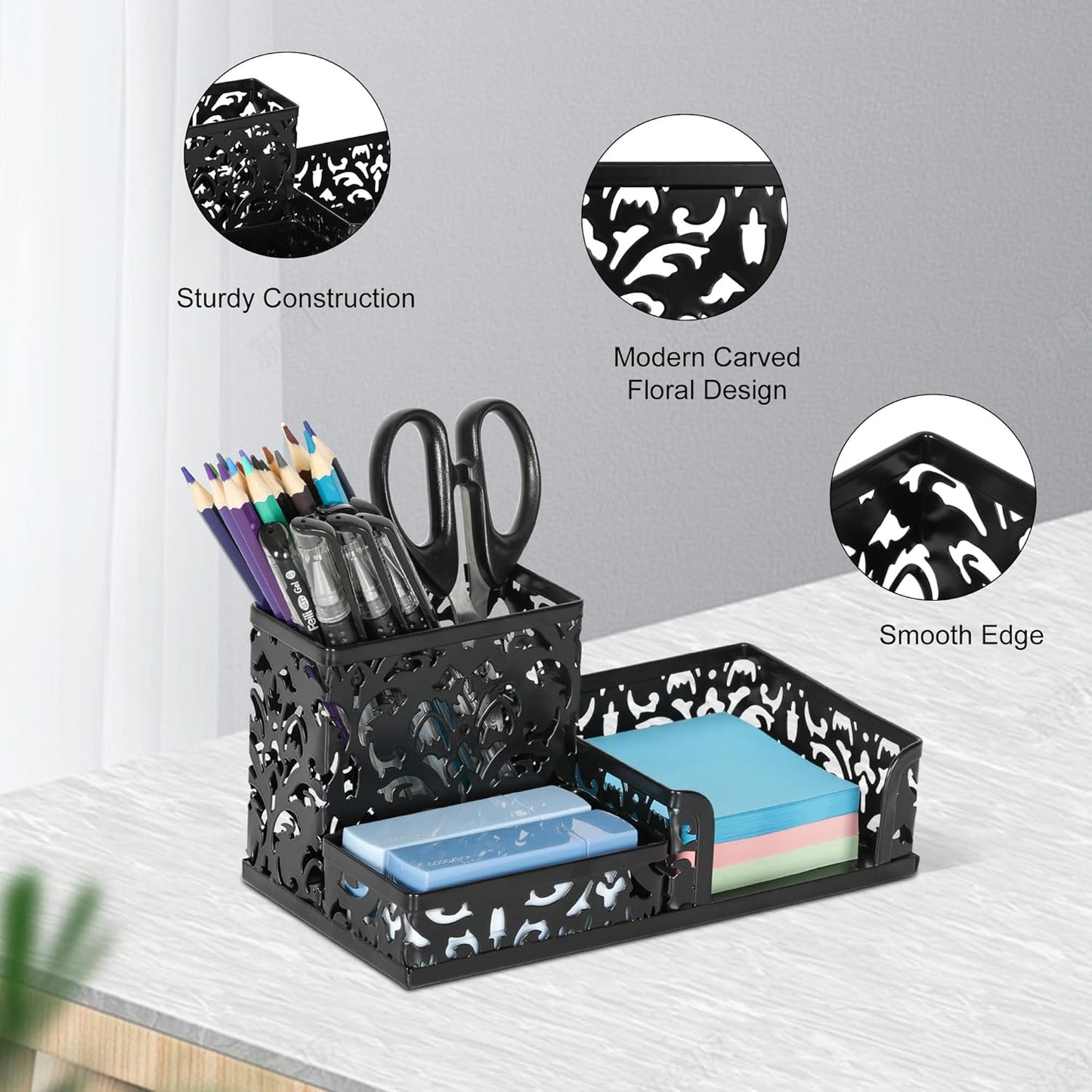 EasyPAG Desk Organizer with 3 Compartment for Pencil Sticky Note Holder and Office Accessories,White