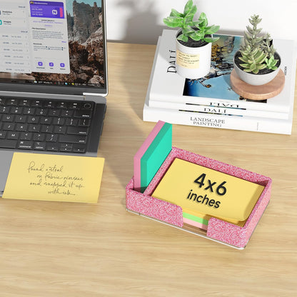Sticky Note Holder, Glitter Pink Acrylic Notepad Holder 3x3 in Self-Stick Note Dispenser Office Desk Accessories, Memo Pad Holder Organizer for Classroom School Supplies