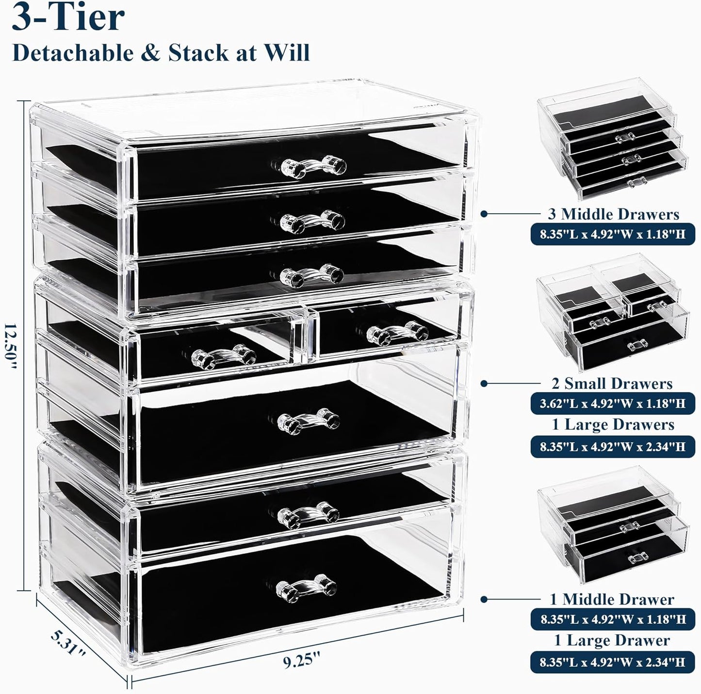 Sea Team Clear Makeup Organizer with Drawers, Acrylic Plastic Cosmetic Display Case, Jewelry Storage Box, Holder for Dresser, Bathroom, Vanity, Countertop (3 Middle Drawers)