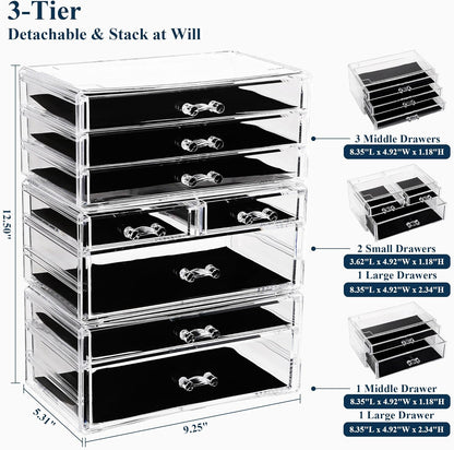 Sea Team Clear Makeup Organizer with Drawers, Acrylic Plastic Cosmetic Display Case, Jewelry Storage Box, Holder for Dresser, Bathroom, Vanity, Countertop (3 Middle Drawers)