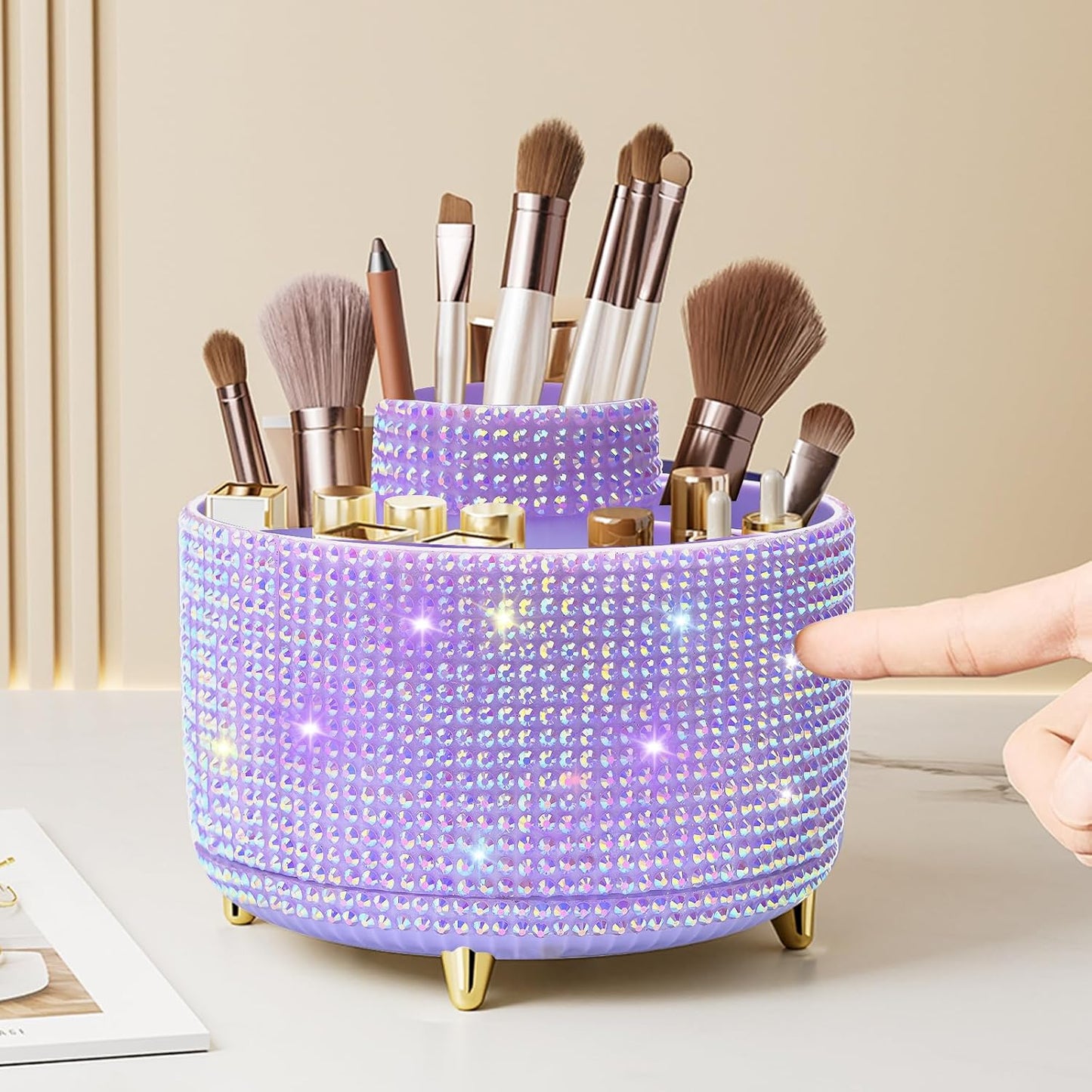 Diesisa Makeup Brush Holder Organizer,360° Rotating Makeup Brush Organizer,5 Slot Make up Brushes Cup for Cosmetics, Nail Polish, Art Supply, Bathroom Vanity Desktop Organizer - White