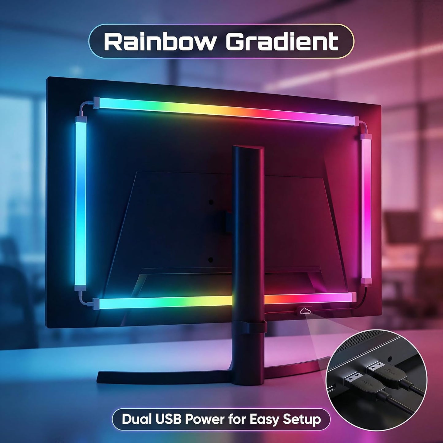 RGB Monitor Backlight with Screen Sync for 32 Inch Screens, Dual USB Powered LED Ambient Lighting Kit, Music Rhythm & Dynamic Modes, Immersive Bias Lighting for Home Office Gaming (4 Sides - 32 inch)