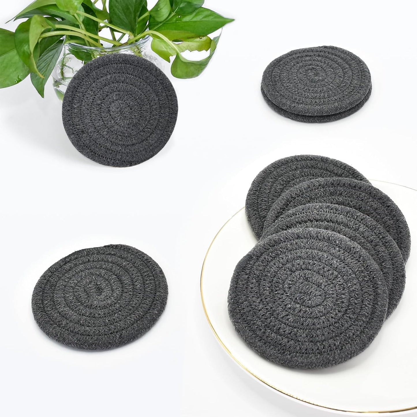 ABenkle 8 Pcs Drink Coasters with Holder, Cotton Woven Absorbent Coasters for Drinks, Minimalist Home Decor Coaster Set for Wooden Tabletop Protection Table, 4.3 inches Mixed Brown