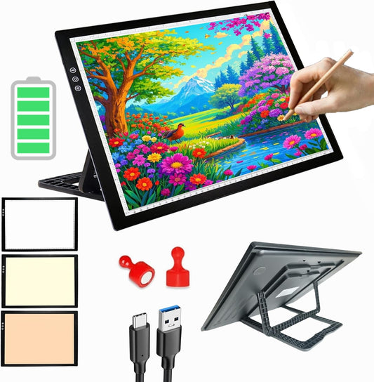 A3 Wireless Rechargeable Tracing Light Pad, 3-Colors & 8-Level Adjustable Brightness, 2500mAh Battery Powered Ultra-Thin Light Board with Foldable Stand for Diamond Art Painting