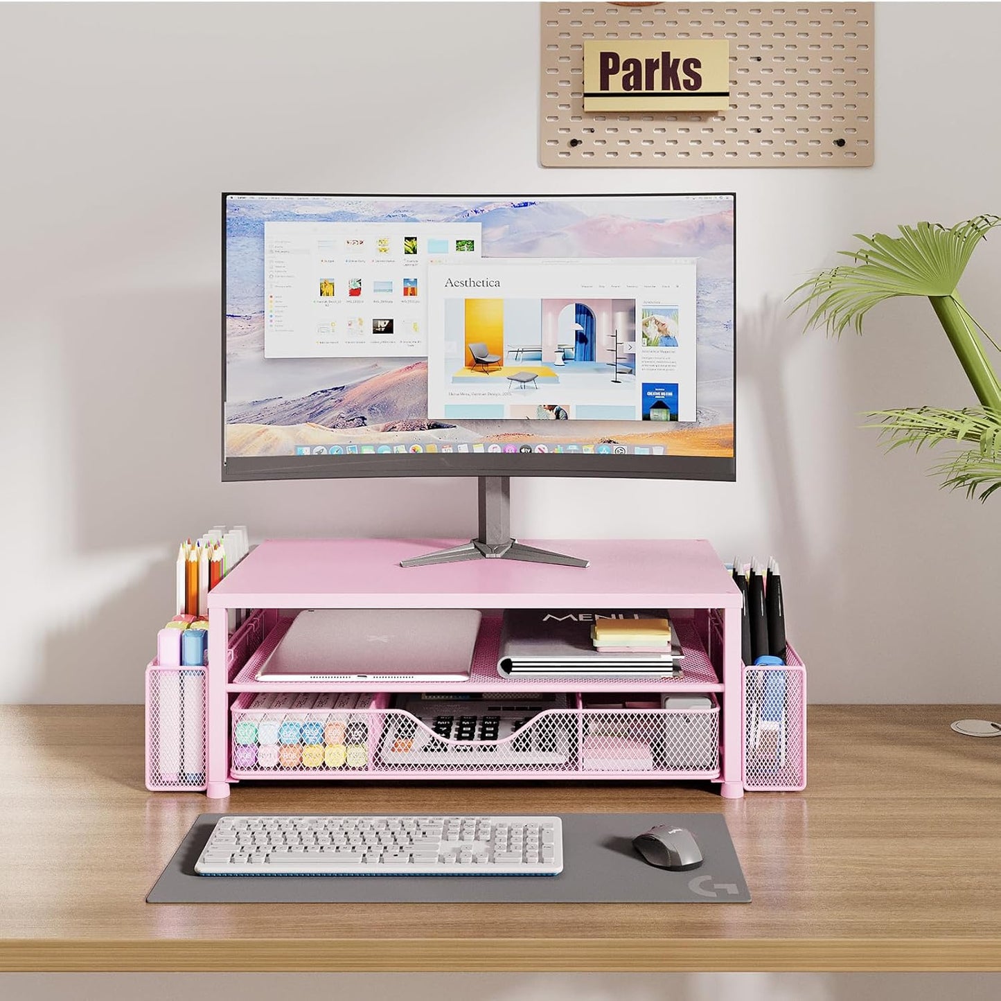 OPNICE Wood Desk Organizers and Accessories, 2-Tier Computer Monitor Stand Riser with Drawer and 2 Pen Holders, Laptop Stand, Office Desk Accessories for Office Supplies, Brown